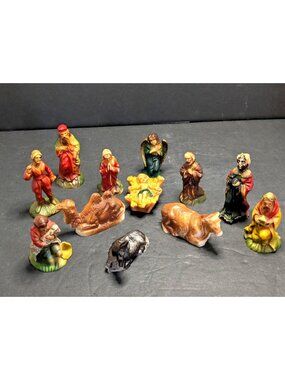 Vtg. 1960s Hard Plastic Christmas Nativity Scene Figures Set 12 Pieces Hong Kong